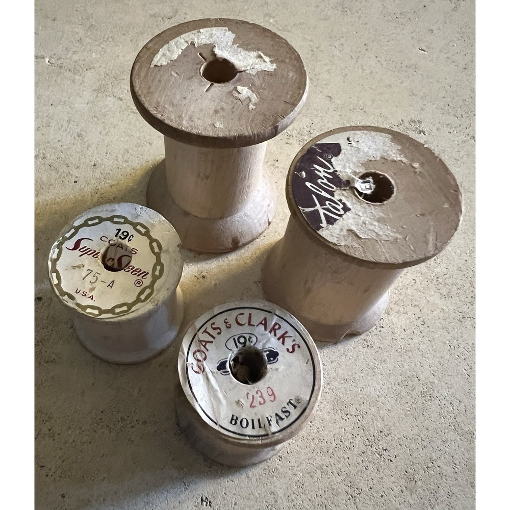 VINTAGE LOT OF 4 EMPTY WOODEN SPOOLS PARTIAL LABELS